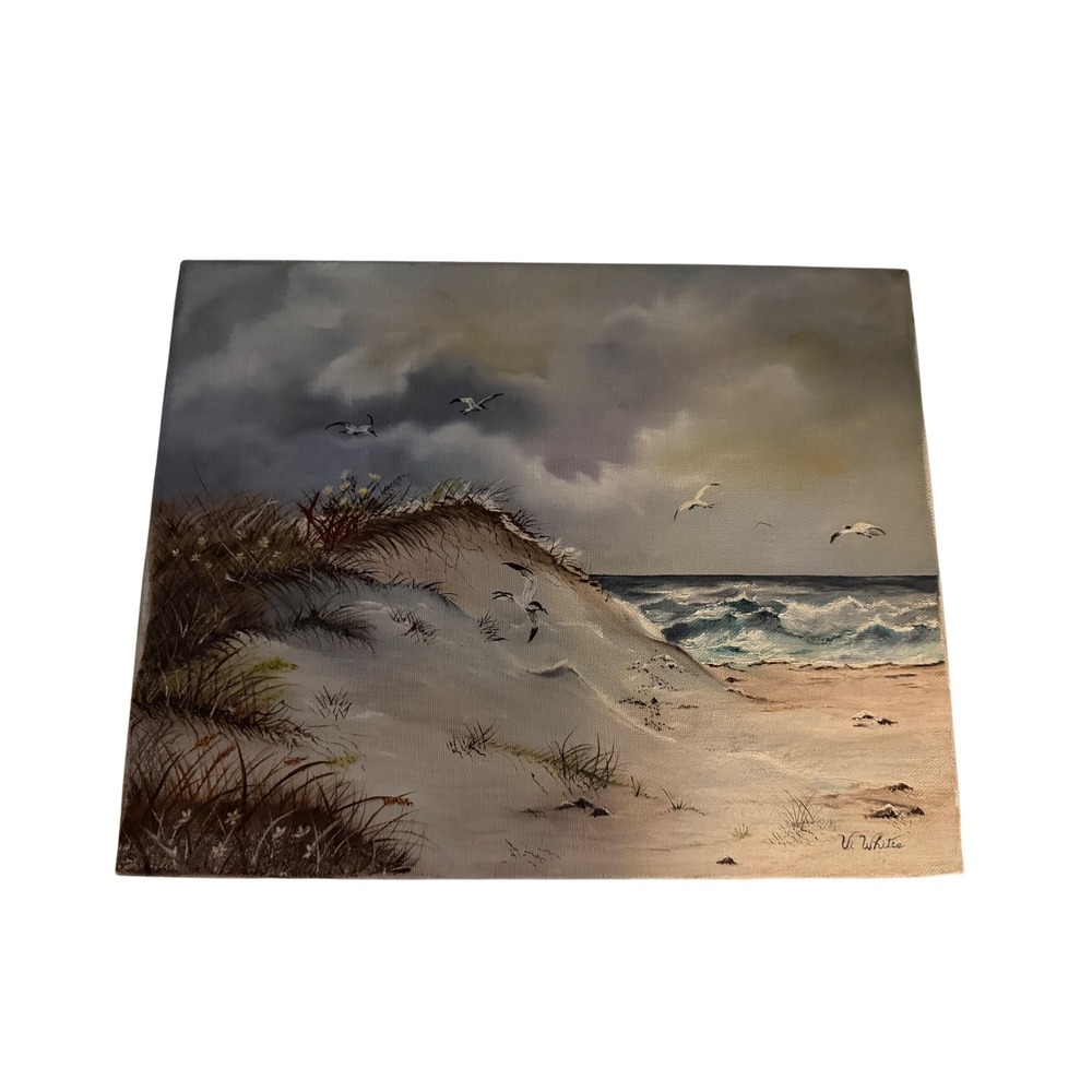 Vi White Signed Original Oil Painting Coastal Sand Dunes Ocean Seagulls 11x14